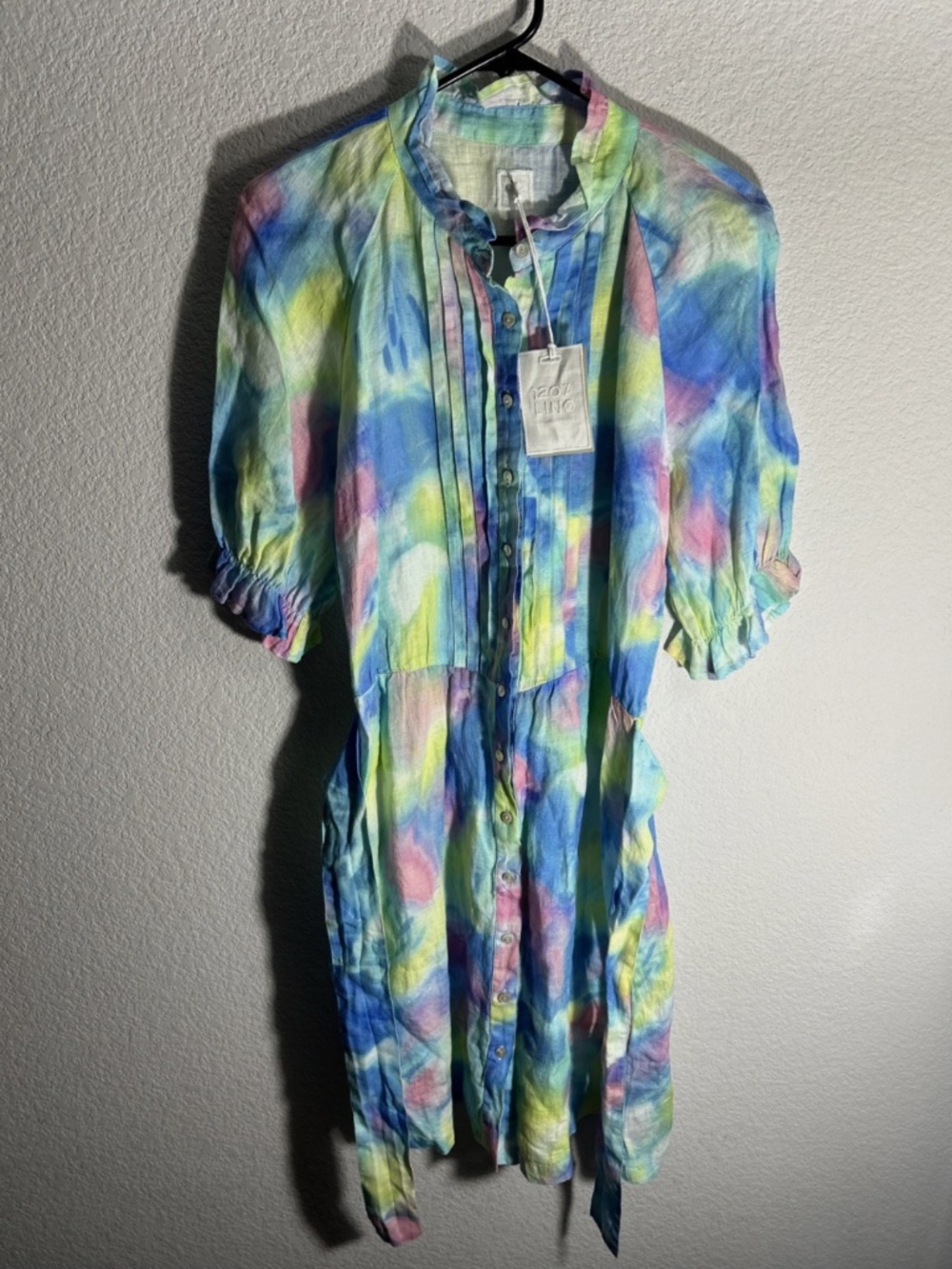 NWT 120% Lino Mini Dress With Belt Tie Dye Women’s 42 Linen Flax Vacation Beach